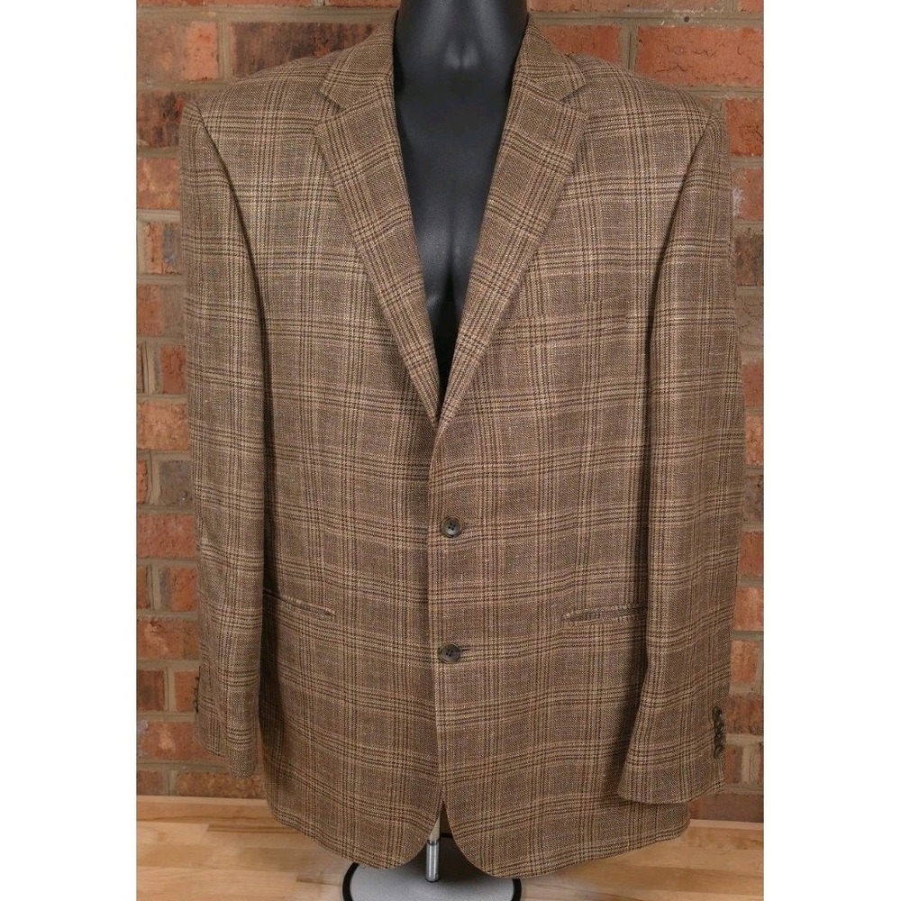Jos A Bank Reserve Brown Plaid Blazer Jacket Silk Linen Wool Botto Giuseppe 42R